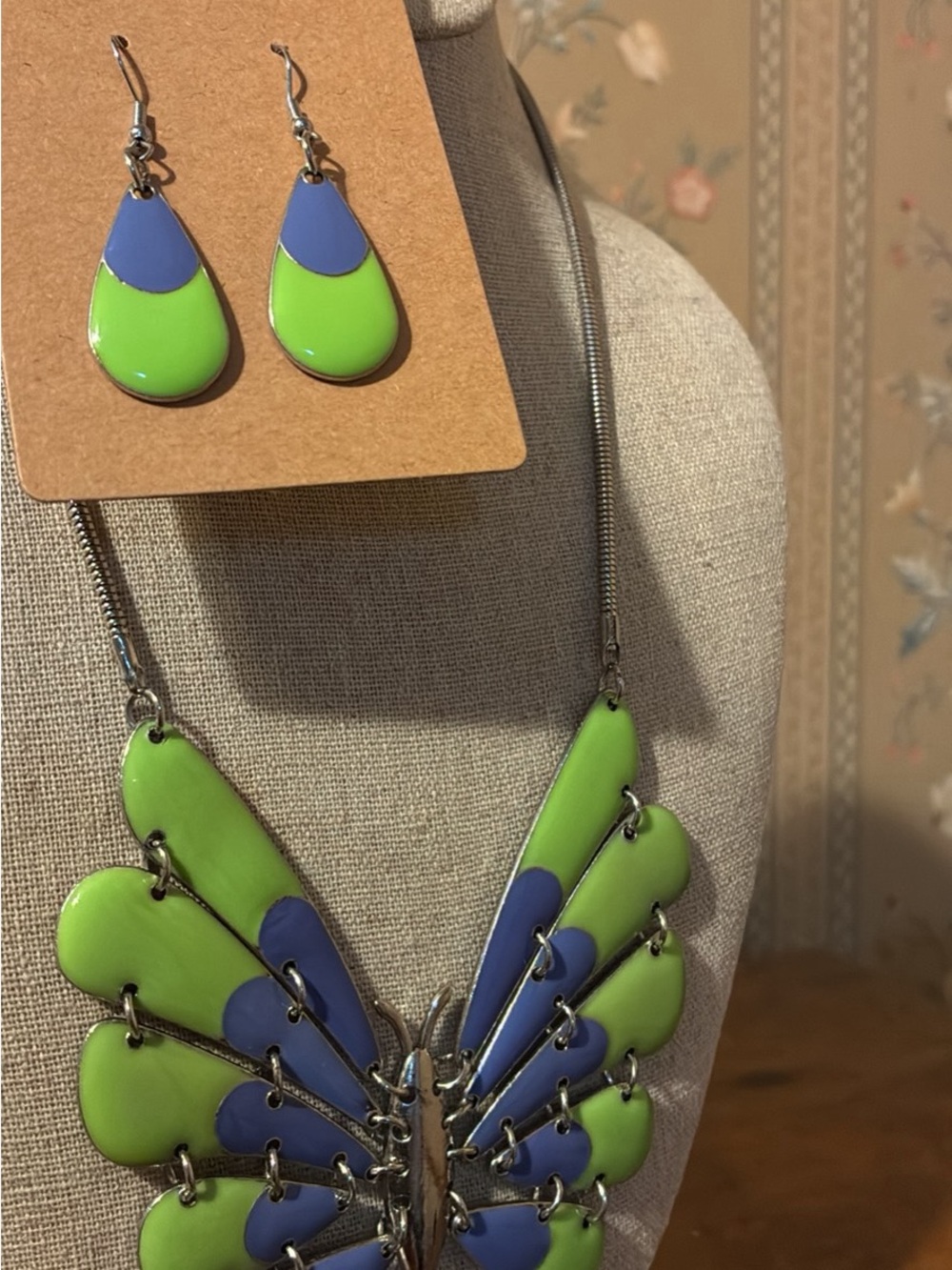 & Other Stories Lime Green and Periwinkle Butterfly Necklace with Earrings